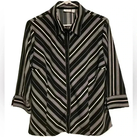 Apt. 9 Women’s Button-down collared shirt top black white stripe blouse Sz. L - Picture 1 of 5